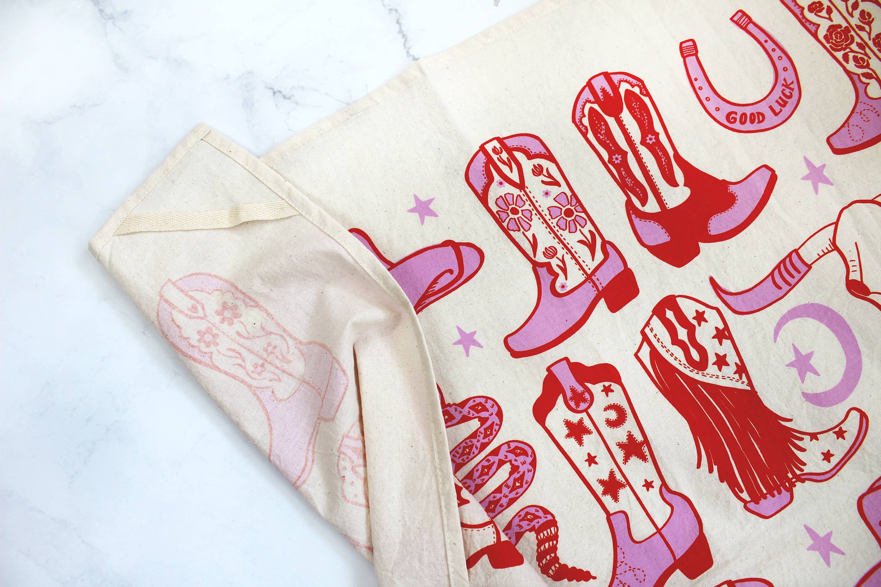 Howdy Cowgirl! Boots Tea Towel: Desert Rose Pink Red