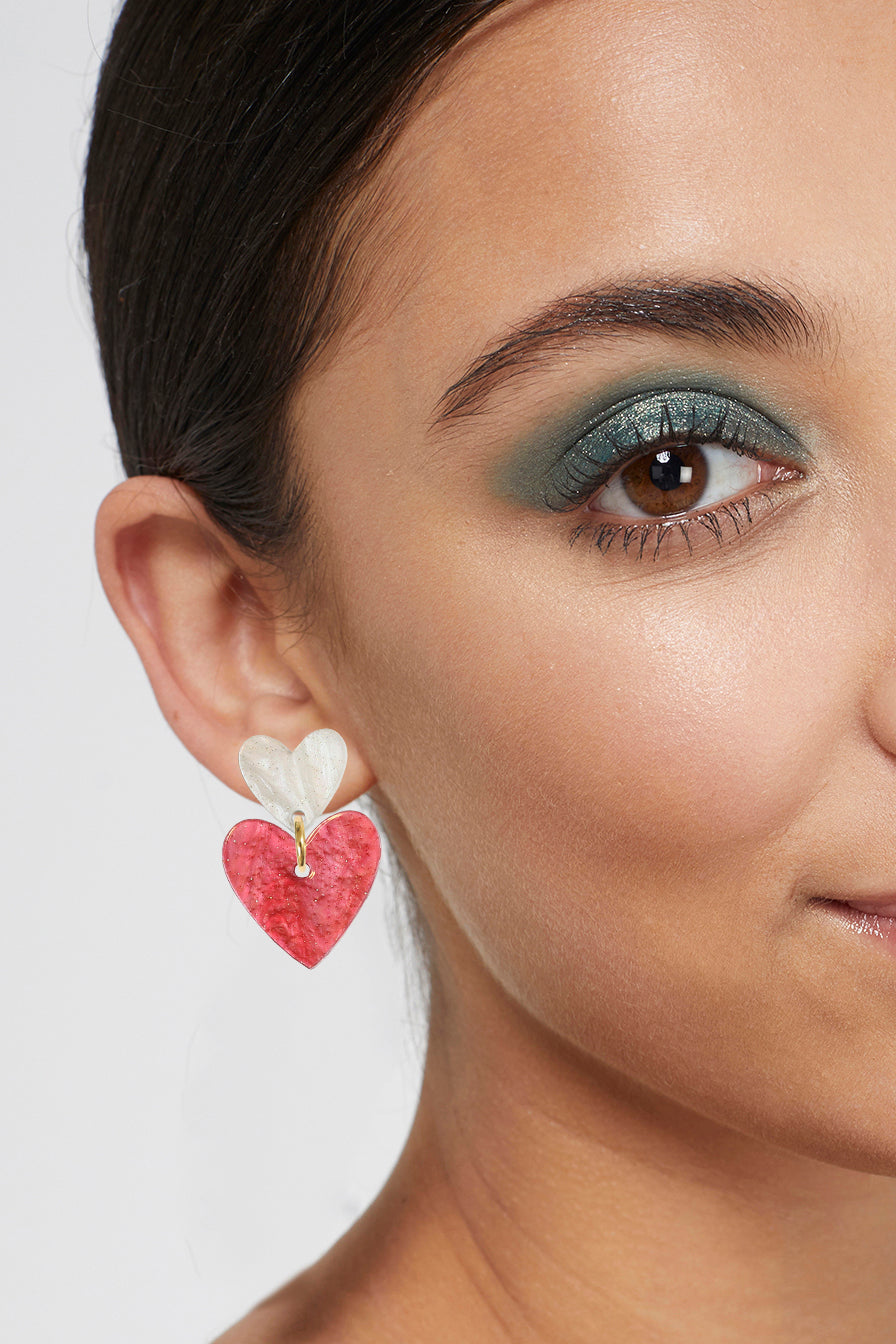 Double Heart Drop Studs - Pearl & Green