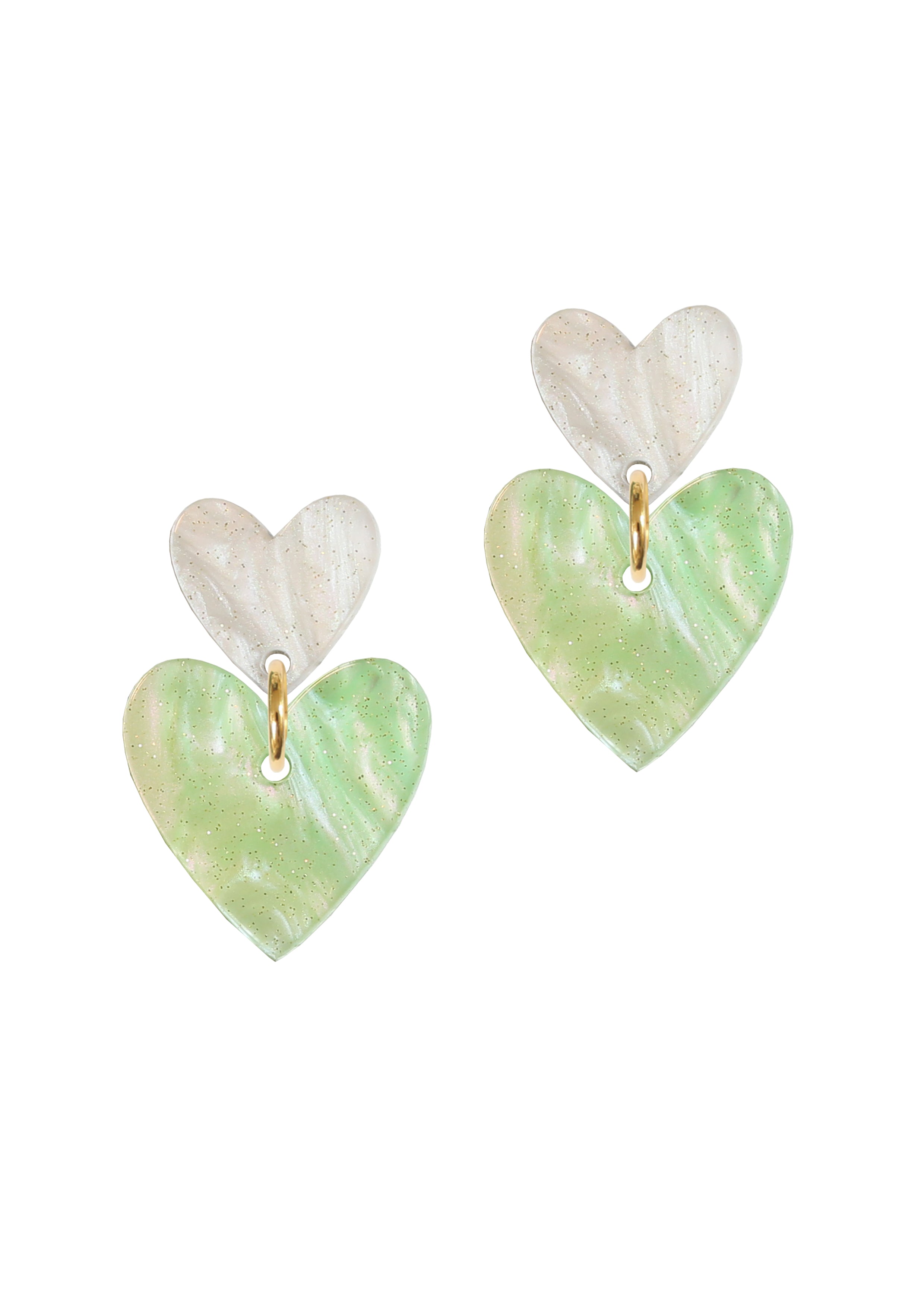 Double Heart Drop Studs - Pearl & Green