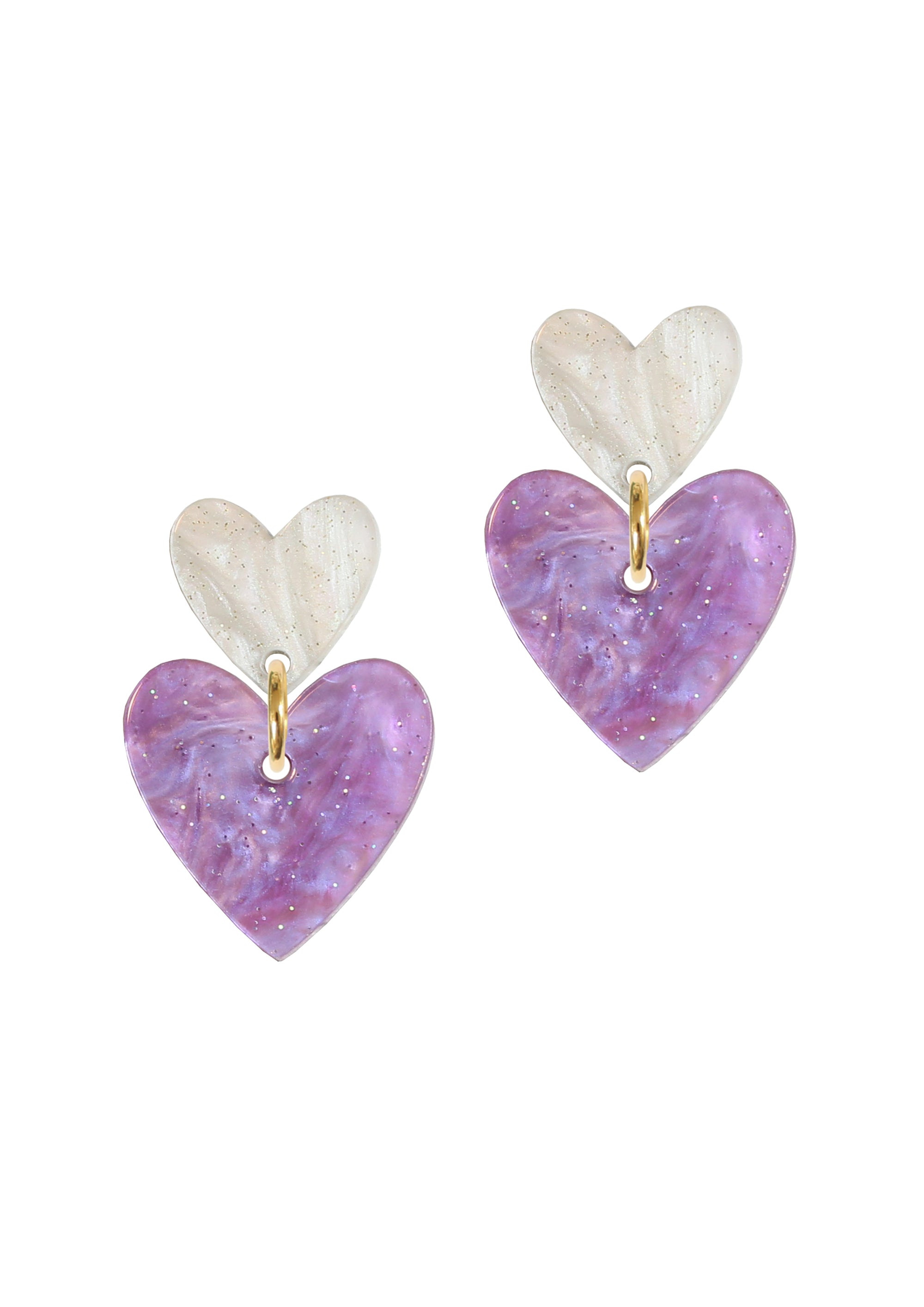 Pearl heart studs with purple dropped hearts 