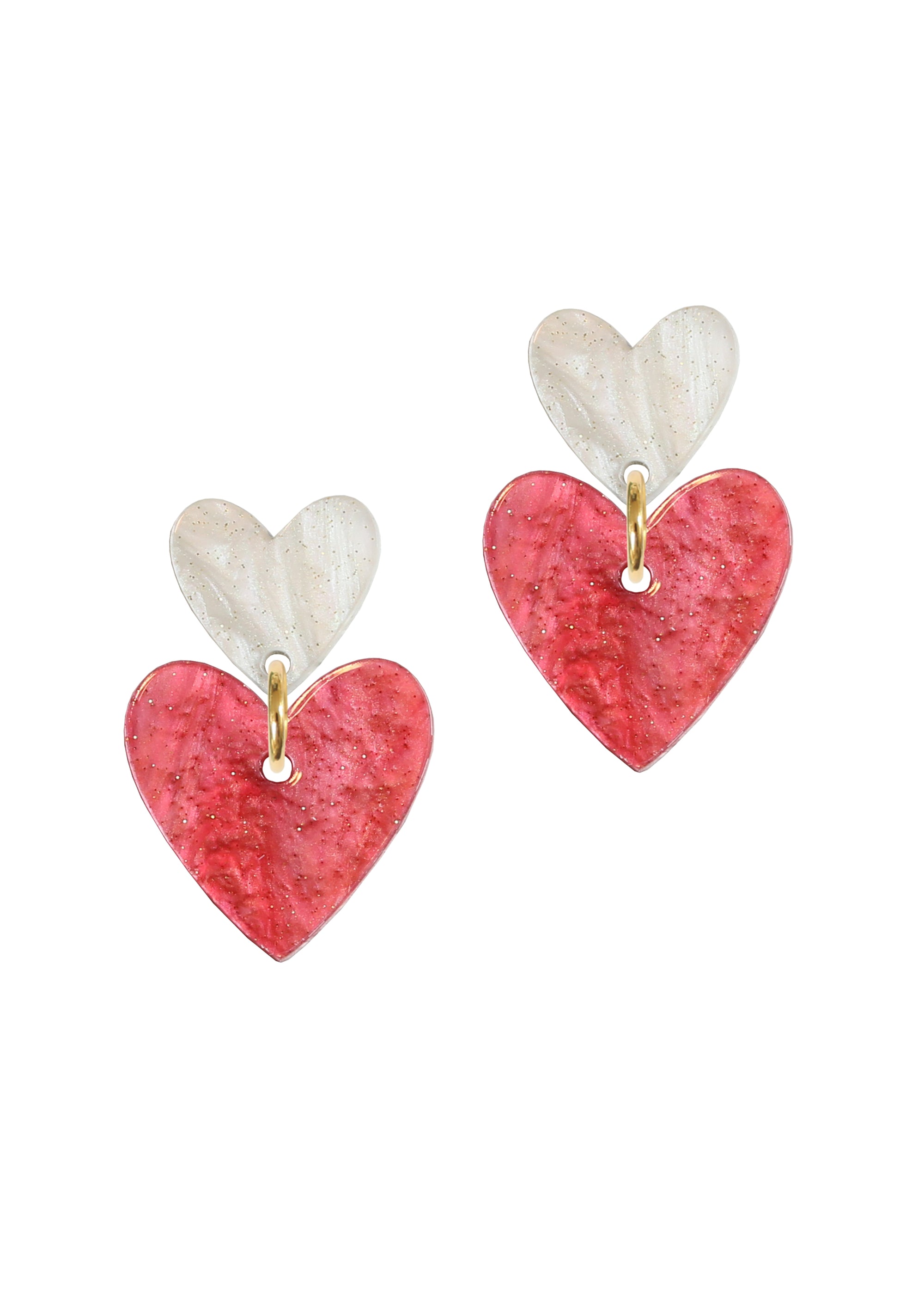 Double Heart Drop Studs - Pearl & Red