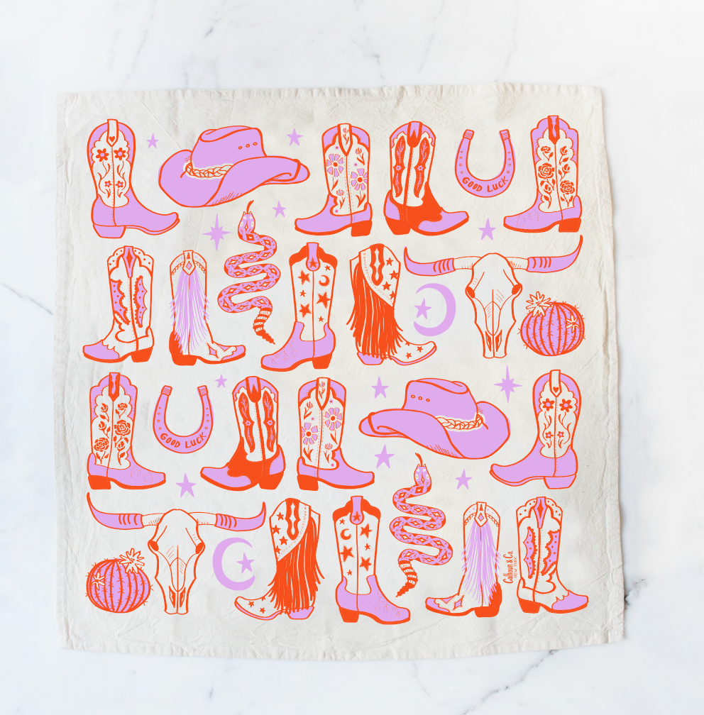 Howdy Cowgirl! Boots Tea Towel: Desert Rose Pink Red